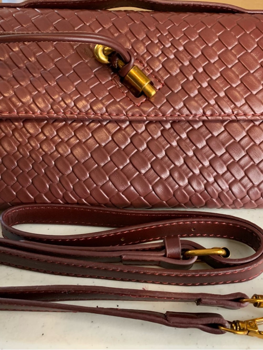 Woven Vegan Leather Crossbody Bag in Deep Burgundy